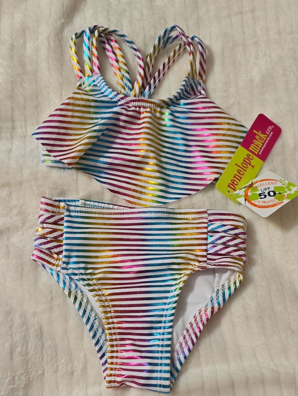 Penelope Mack Girls' Rainbow Stripe Two-Piece Swimsuit - White Multi